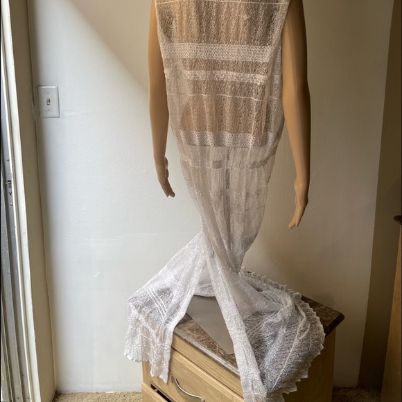 White lace sequined detail ruffled neck  cover up overall long dress OS - Picture 14 of 15